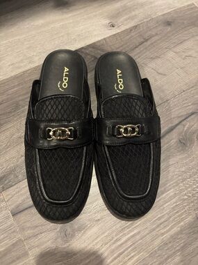 Aldo Black Mesh Mule Loafers with Gold Chain Accent